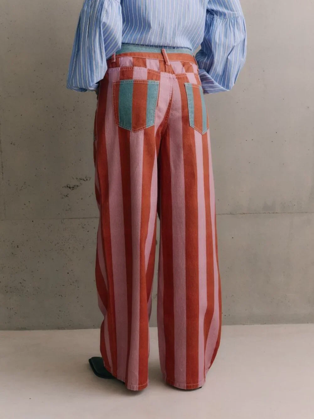 Multicolor Casual Women's Bold Striped Regular Fit Baggy Wide Leg Denim Trousers